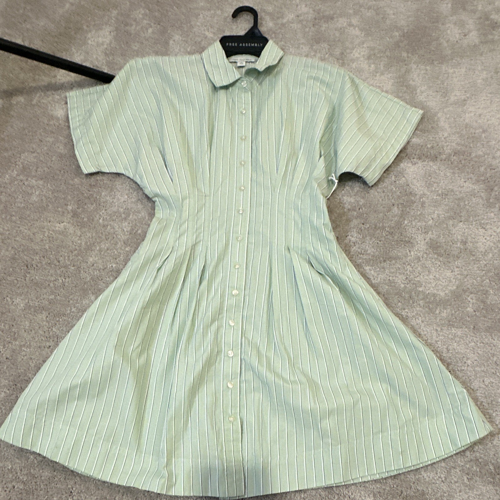 Free Assembly Green & White Striped Shirt Dress, Collared, Button Front, S