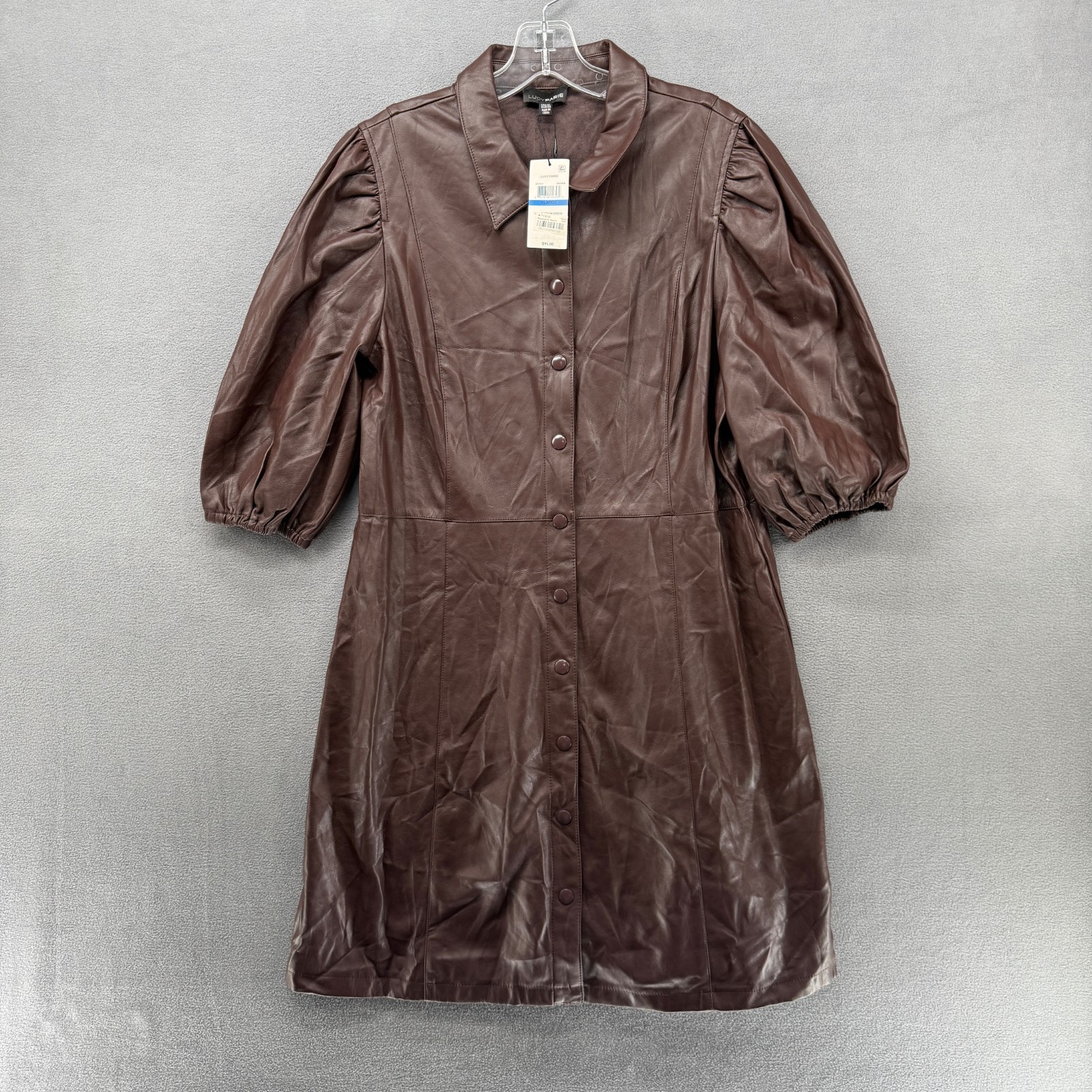 Lucy Paris Dress Womens XL Coffee Brown Faux Leather Puff Sleeve Snap Front NWT