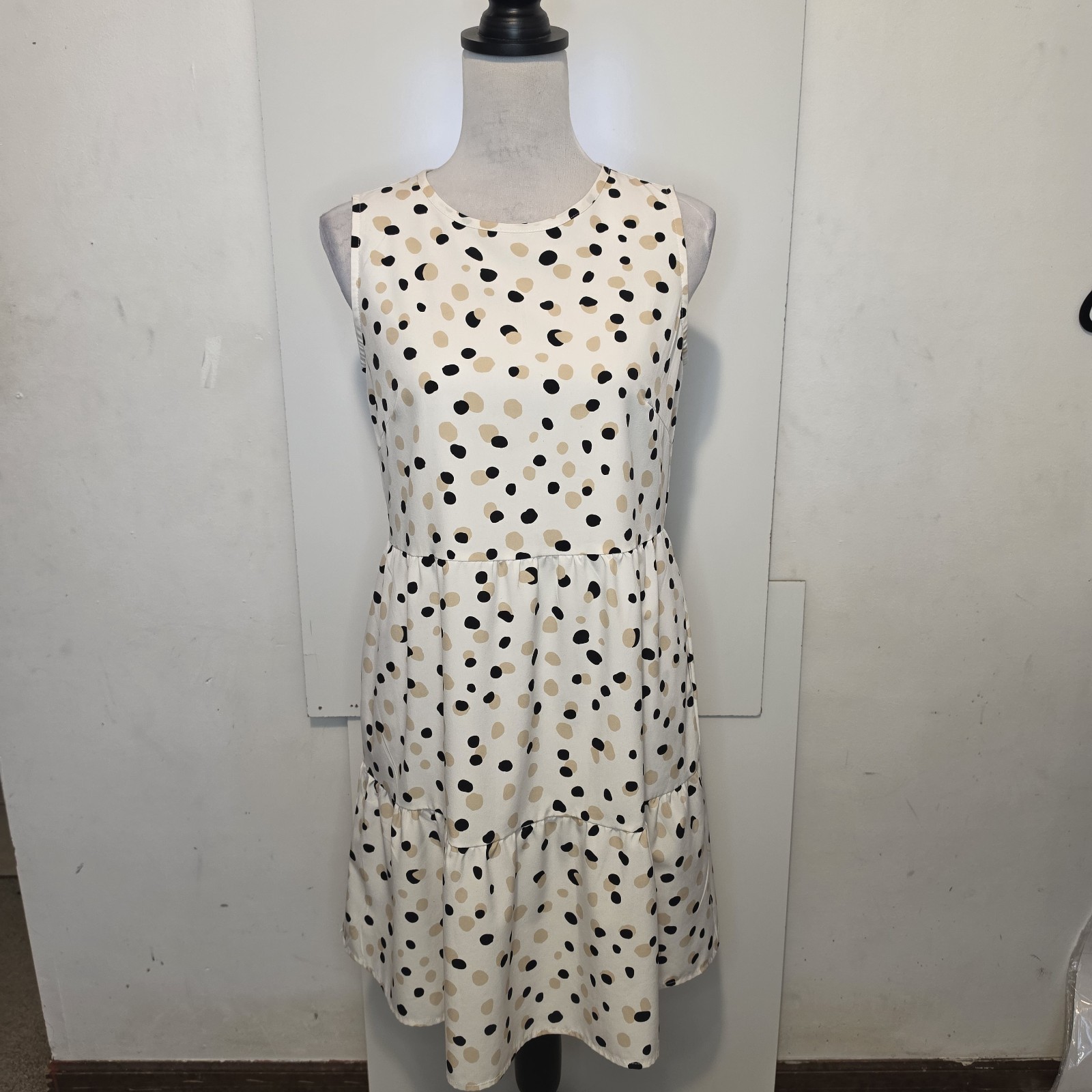 ECOWISH Women’s Sleeveless Polka Dot Tiered Mini Dress Size S White Black Beige