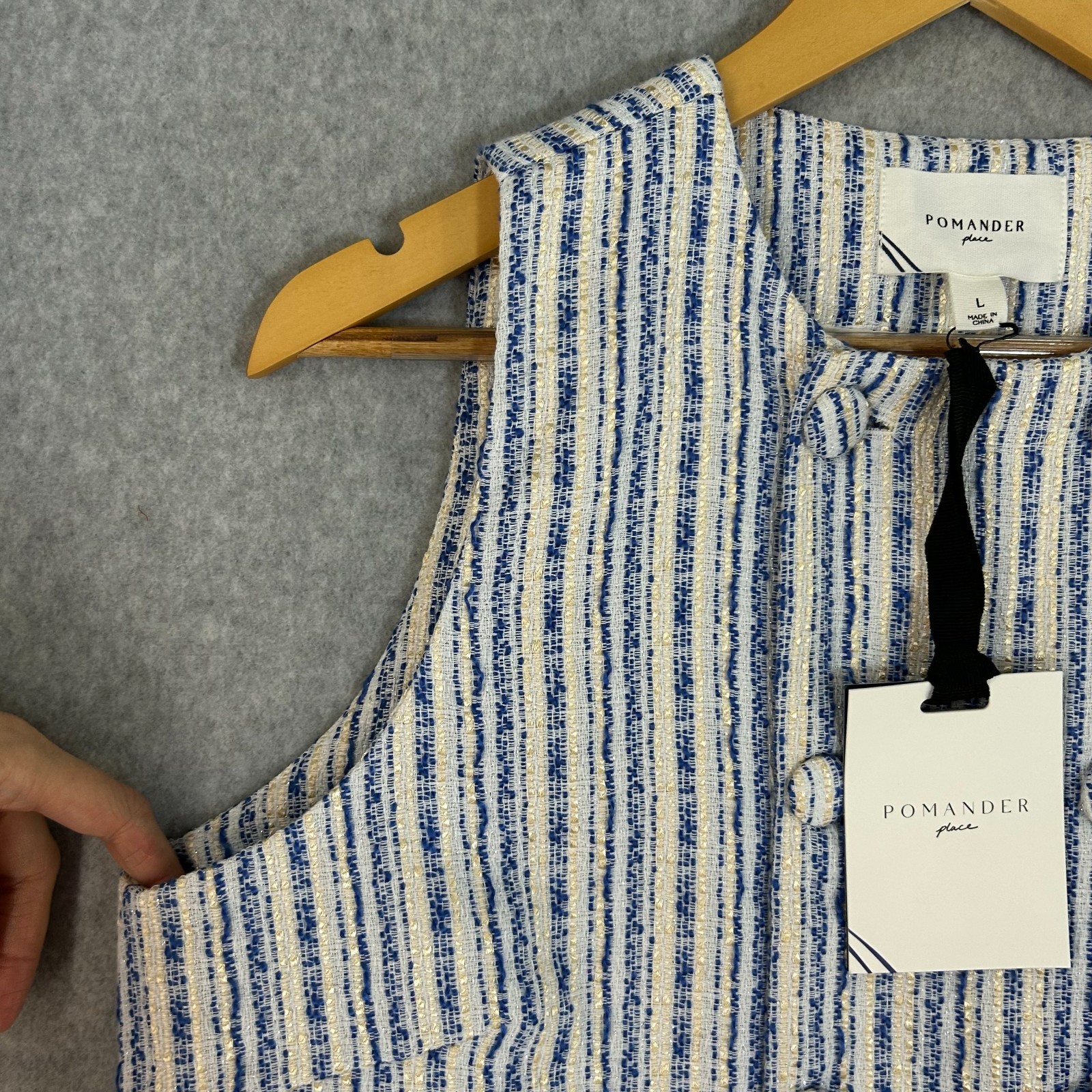 Pomander Place Tuckernuck Bianca Mini Dress Blue Tweed Sleeveless Size Large NWT