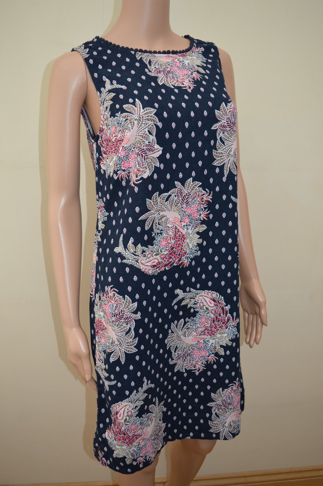 New M&S Collection Navy Blue Paisley Linen Blend Tunic Dress Sz UK 10