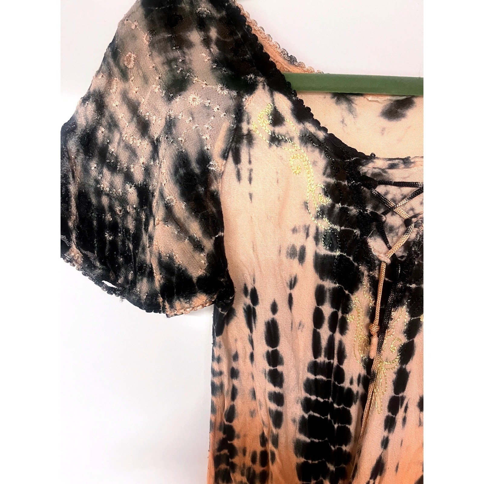 Boho Tie Dye Palm Tree Embroidered Maxi Dress Festival Beach Cover Up