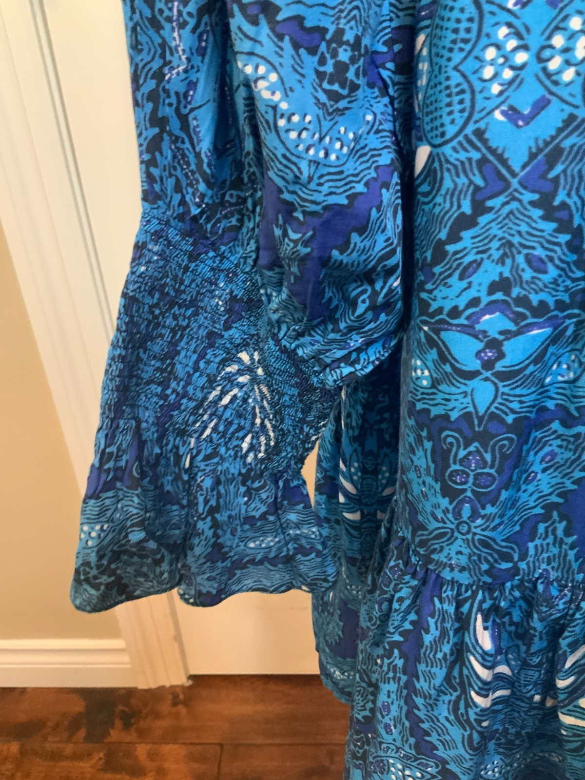 Figue Blue White Batik Print Long Sleeve Flowy Bella Dress, Size Medium