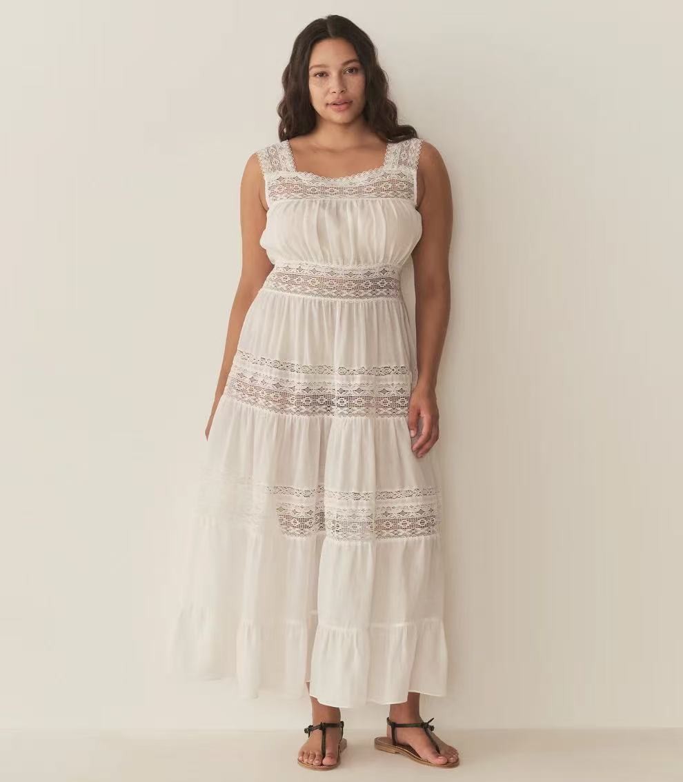 DOEN Spring/Summer Square Collar Lace Splicing Waist Sleeveless Dress