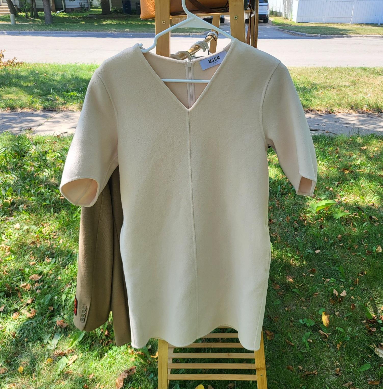 MSGM Beige Cashmere Wool Knit V-Neck 3/4 Sleeve Sheath Zip Back Dress 34
