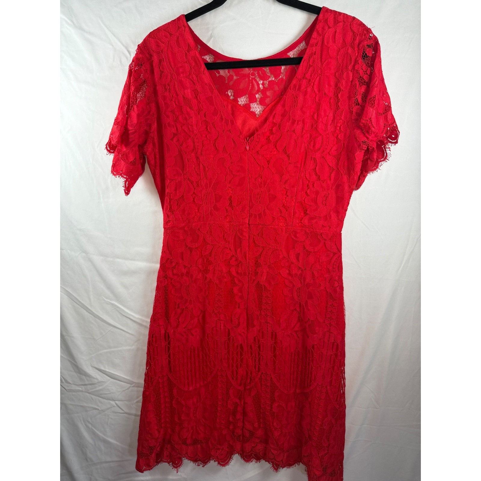 Red Floral Lace Short Sleeve V-Back Sheath Cocktail Dress Scalloped Hem