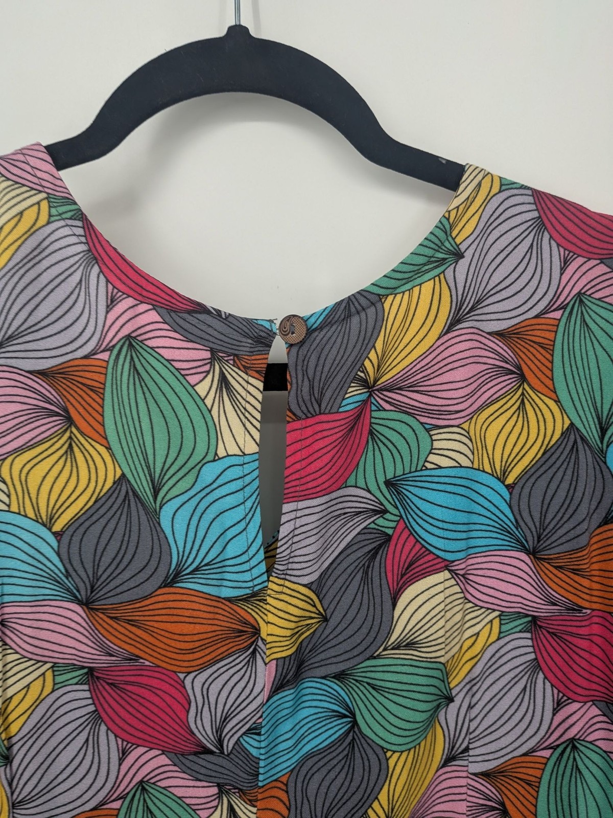 Abstract Leaf Print Dress Button Front Boho Retro Artsy Bohemian Colorful Small