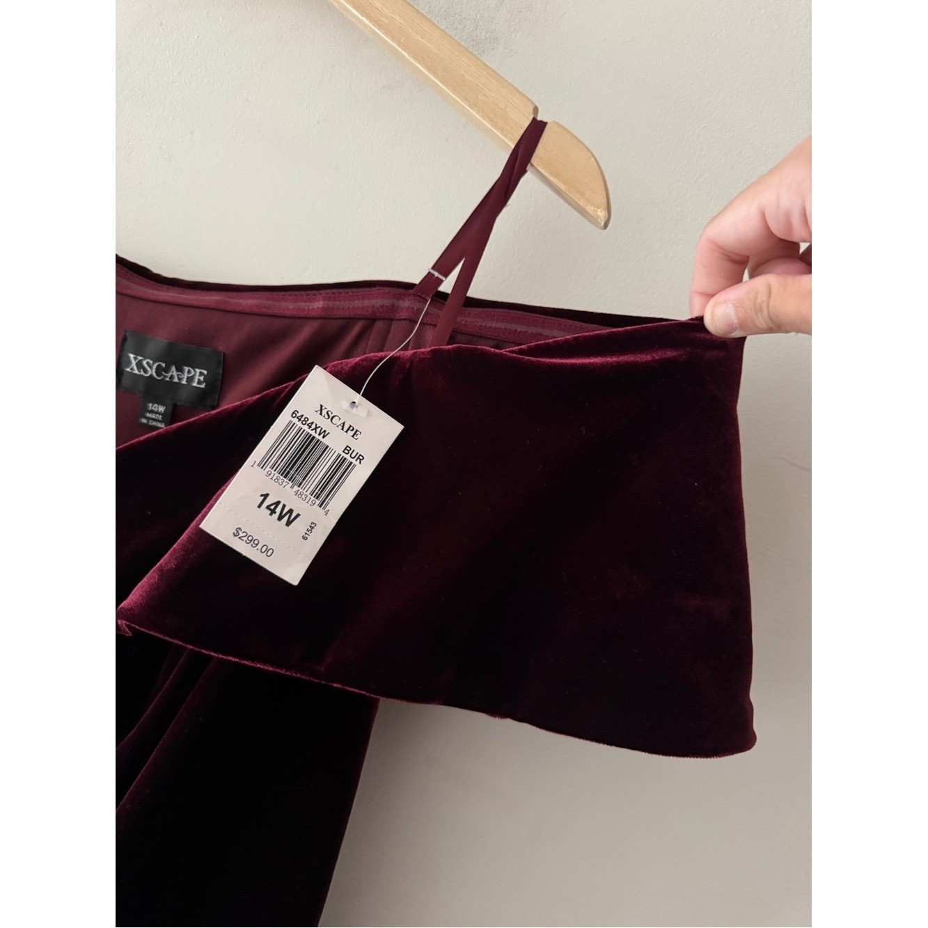 Xscape NEW Ruched Ruffle Off the Shoulder Velvet Cocktail Dress Burgundy
