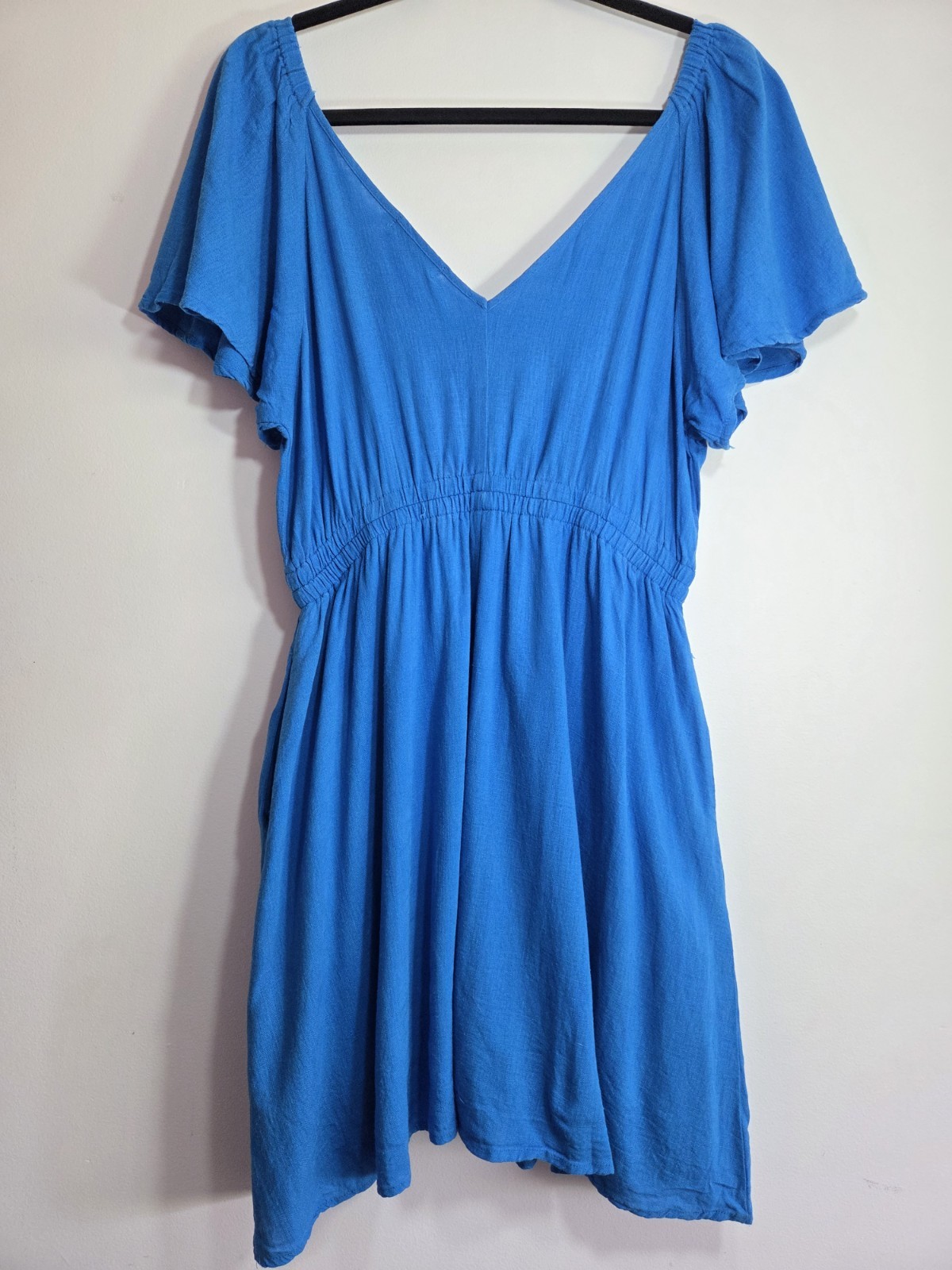 FRIA Size 12 Blue V-Neck Flutter Sleeve Elastic Waist Fit & Flare Short Dress