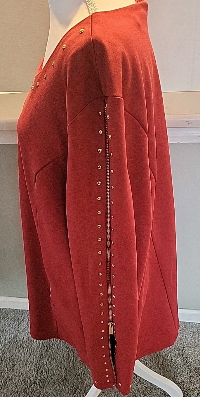 PLUS SIZE 2xl K.Jordan Brick Red Mini Dress/Tunic Long Sleeve Gold Studded