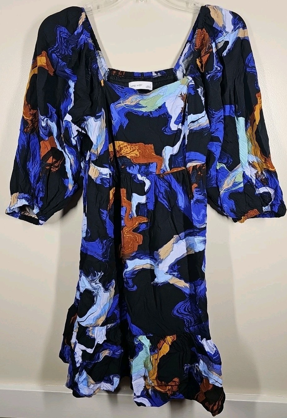 NINE WEST Blue Abstract Print Puff Sleeve Babydoll Lined Dress Size Small