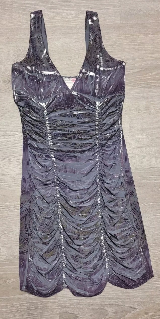 Body Central Women’s Purple Silver Runched Sexy Dress Size Small Made In USA