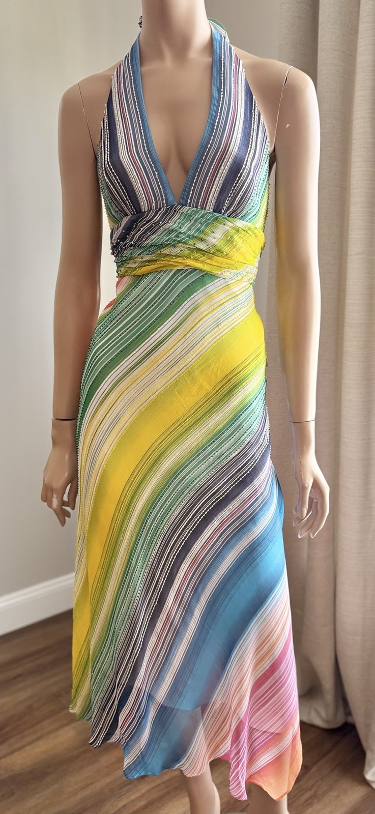 BCBGMAXAZRIA Silk Beaded Rainbow Halter Dress Sz 8 Asymmetrical Y2K Vintage Rare