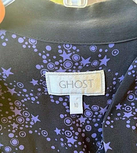 GHOST Vintage Long-Sleeve Silk Print Dress w/ Tie-Neck EUC/UK 10=US 6