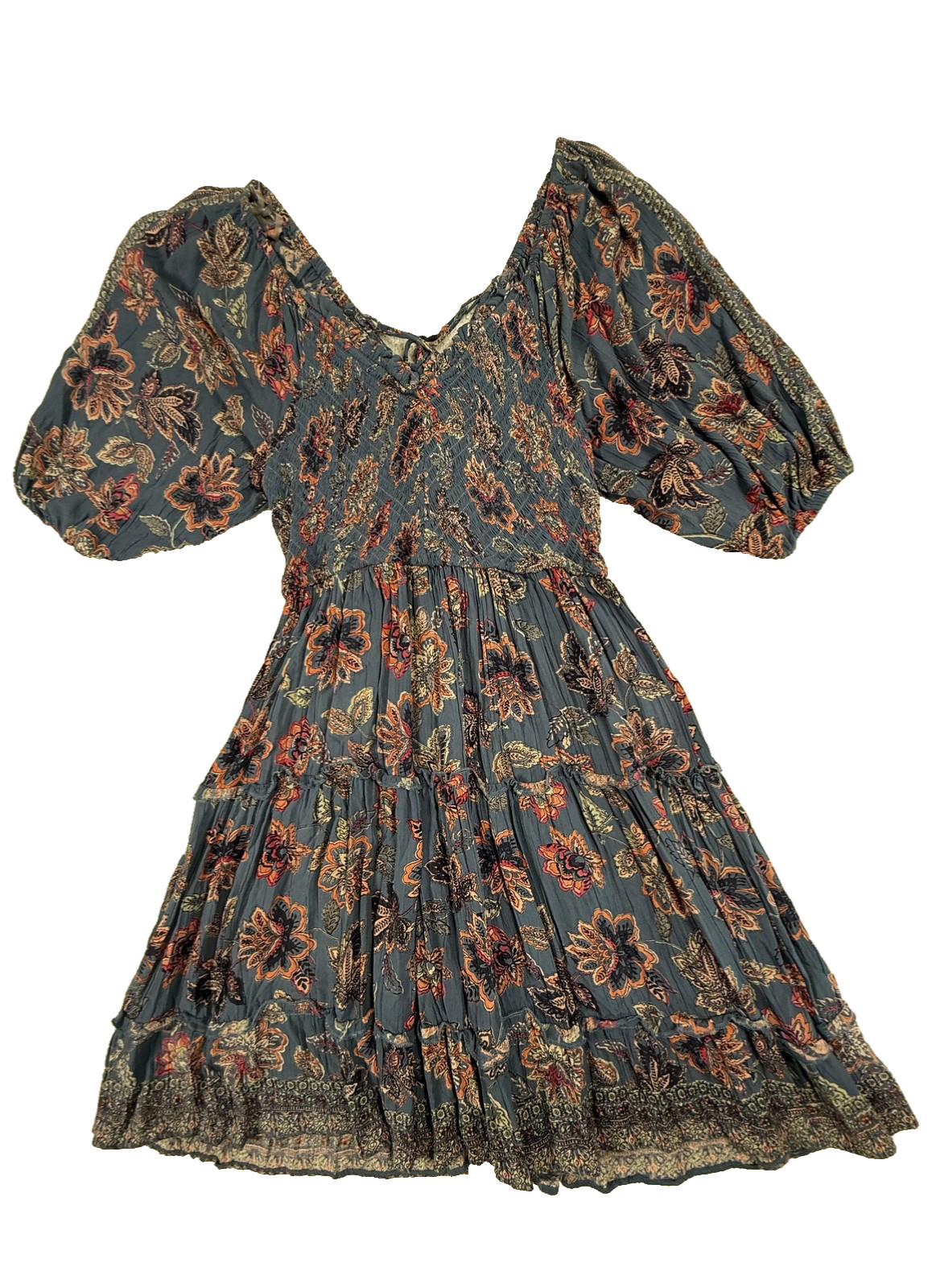 Angie Dress Womens Large Blue Floral Boho Sundress Smocked V Neck Balloon Sleeve