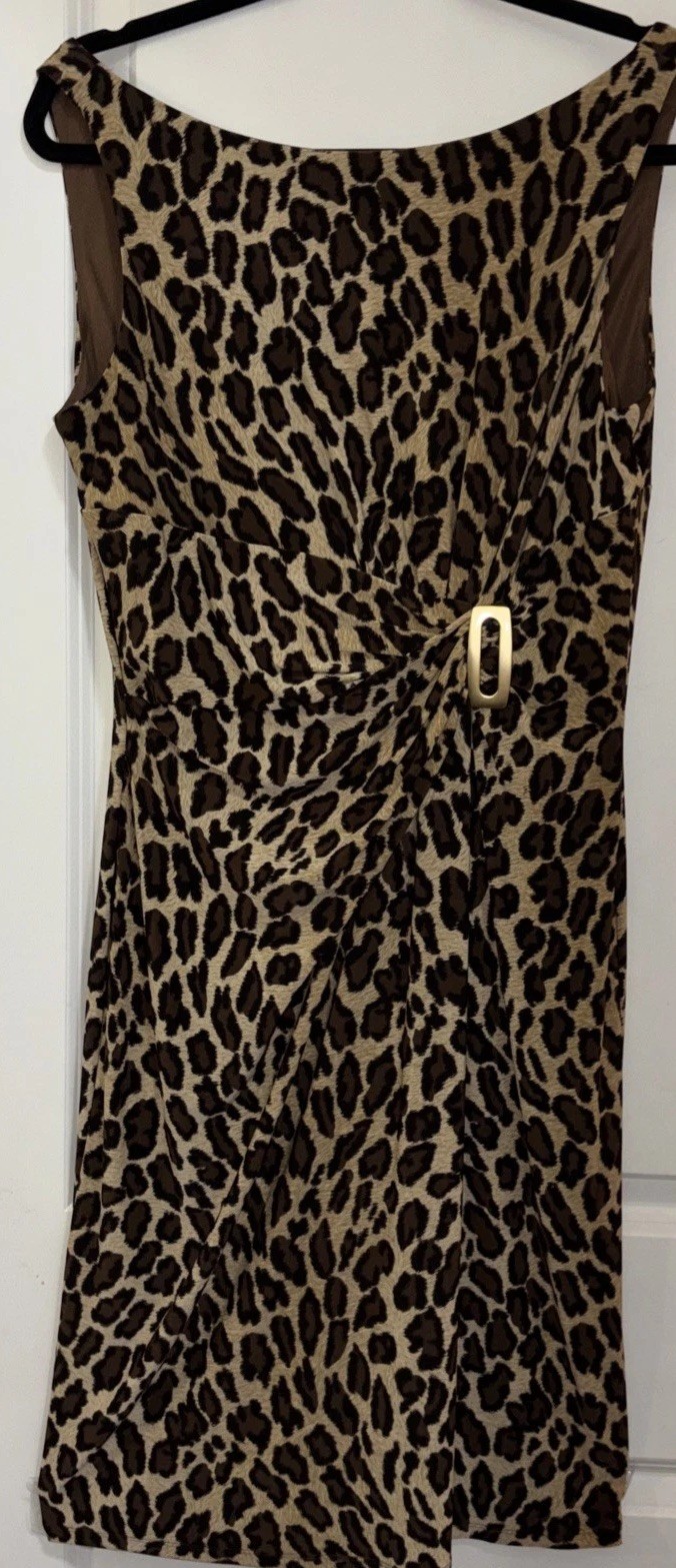 Chaps Dress Size L Sleeveless Brown Black Beige Leopard Animal Print Ruched