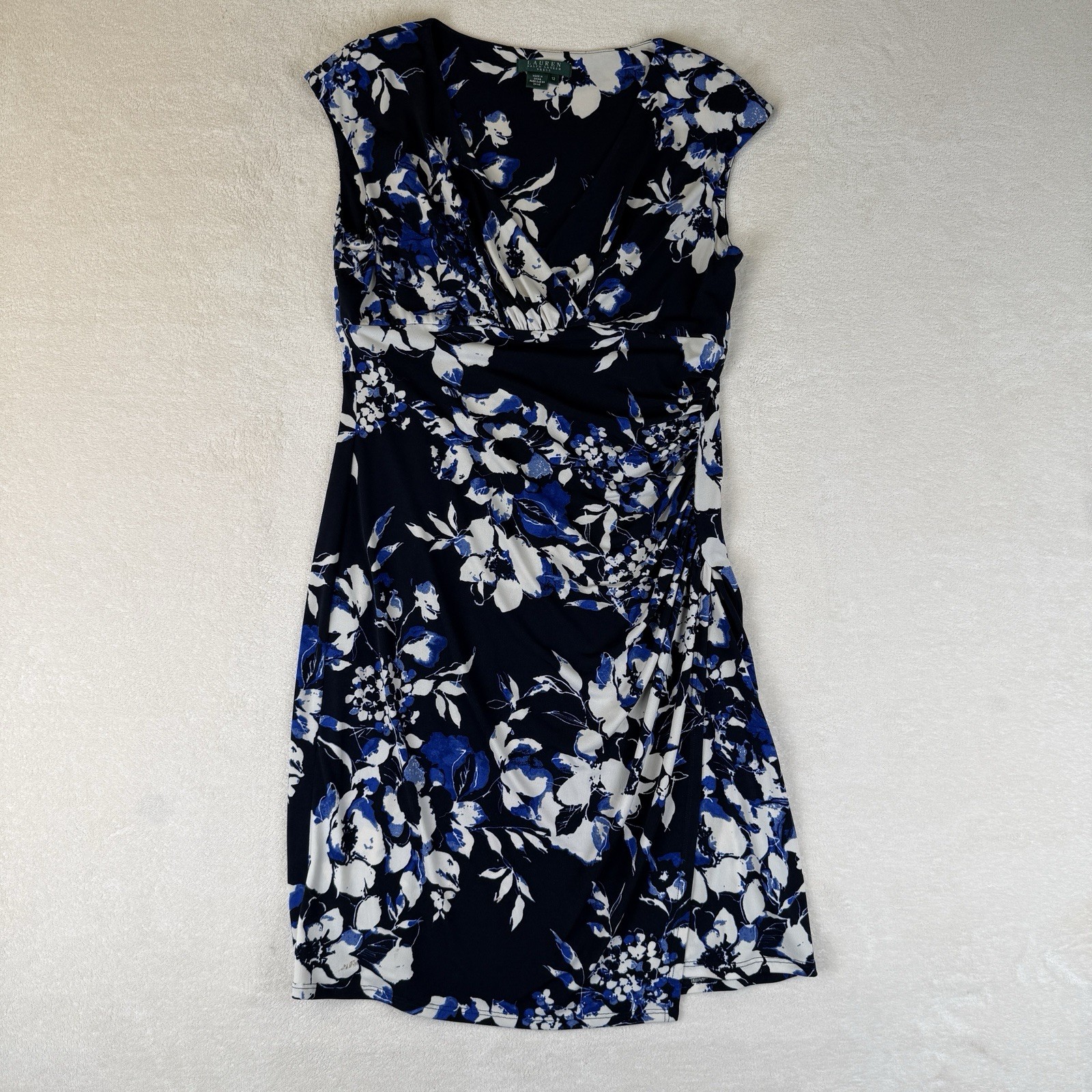 LRL Lauren Ralph Lauren Blue Floral Empire Stretch Wrap Ruched Dress Size 12
