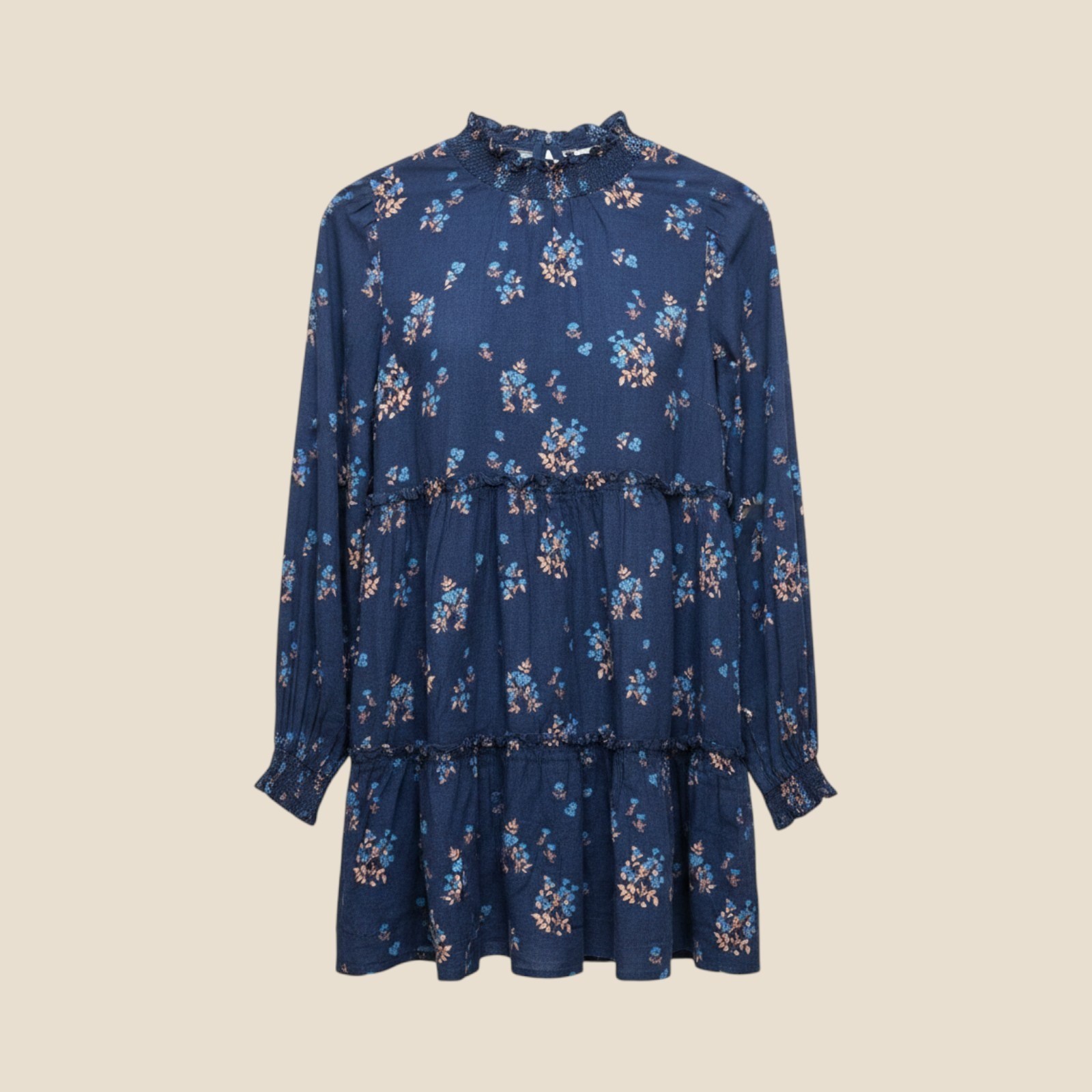 Free People Navy Blue Floral Tiered Babydoll Mini Dress Smocked Neck Tie Back M