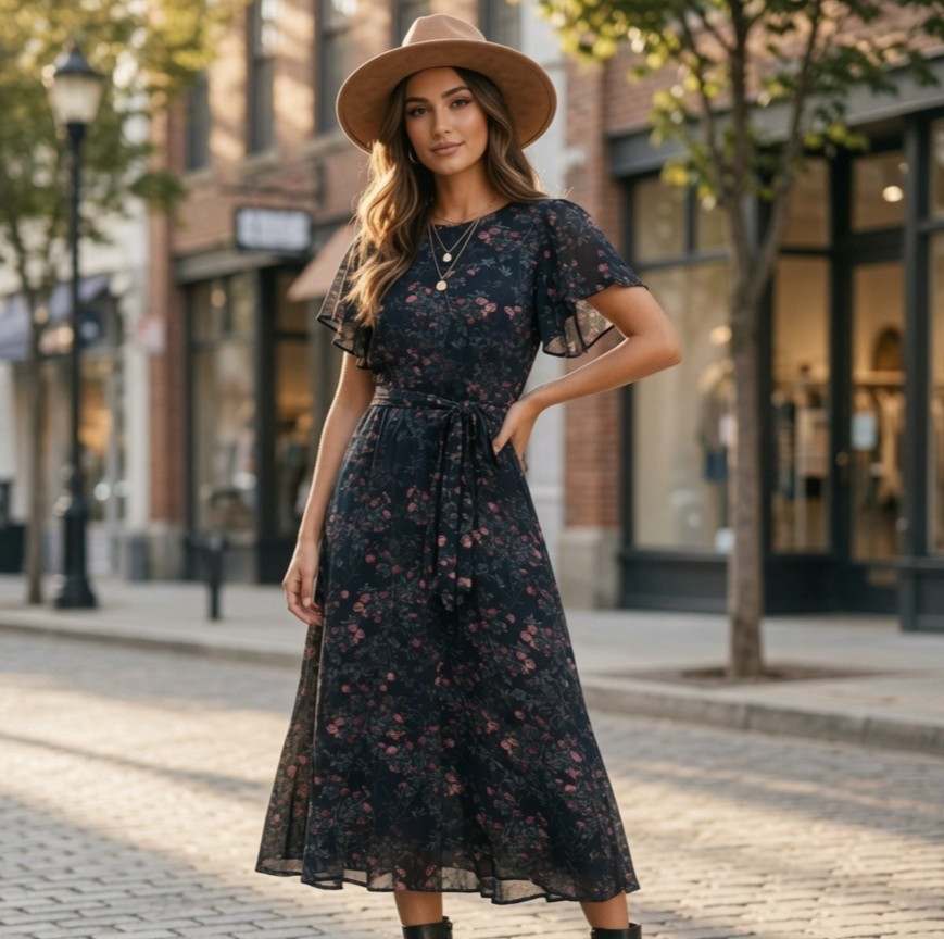 Baltic Born Laurel Midi Dress Black Floral Flutter Sleeve SizeS Boho Cottagecore