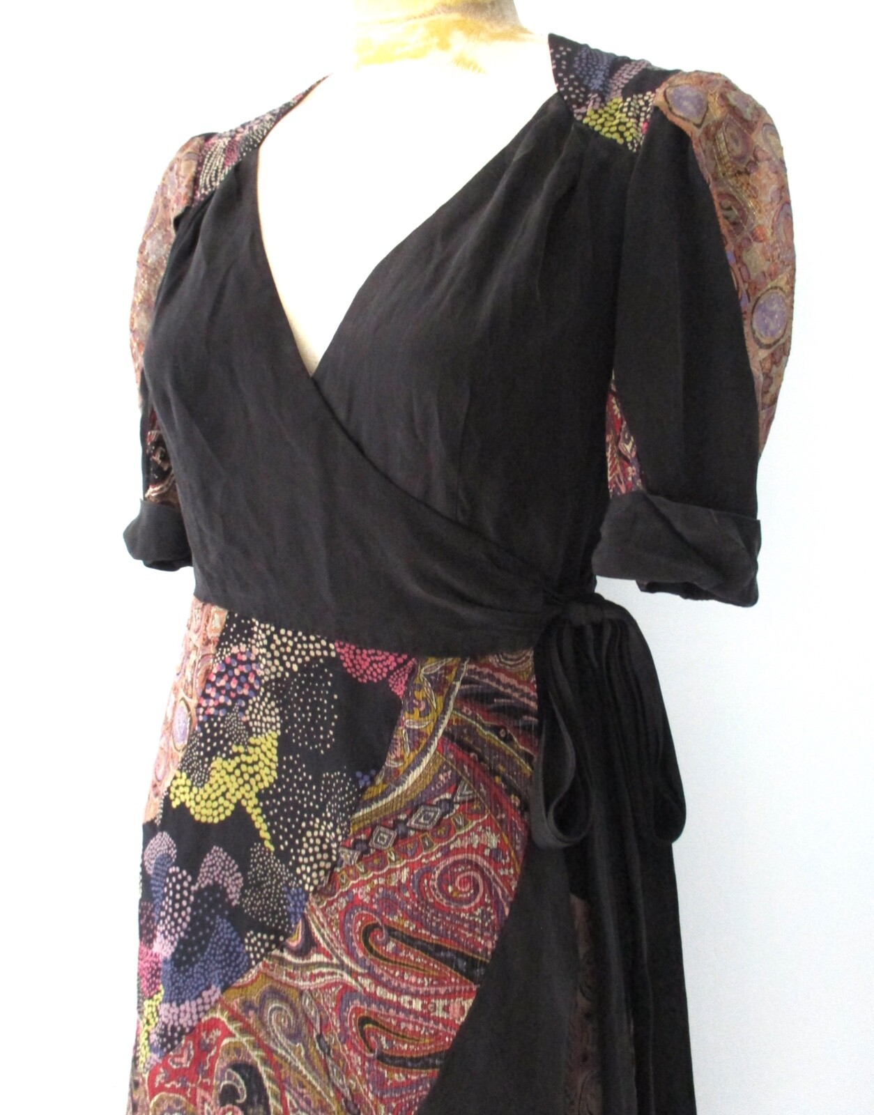 Nanette Lepore Black Pink Sparkly Gold Paisley True Wrap Boho Dress Sheer Back 4