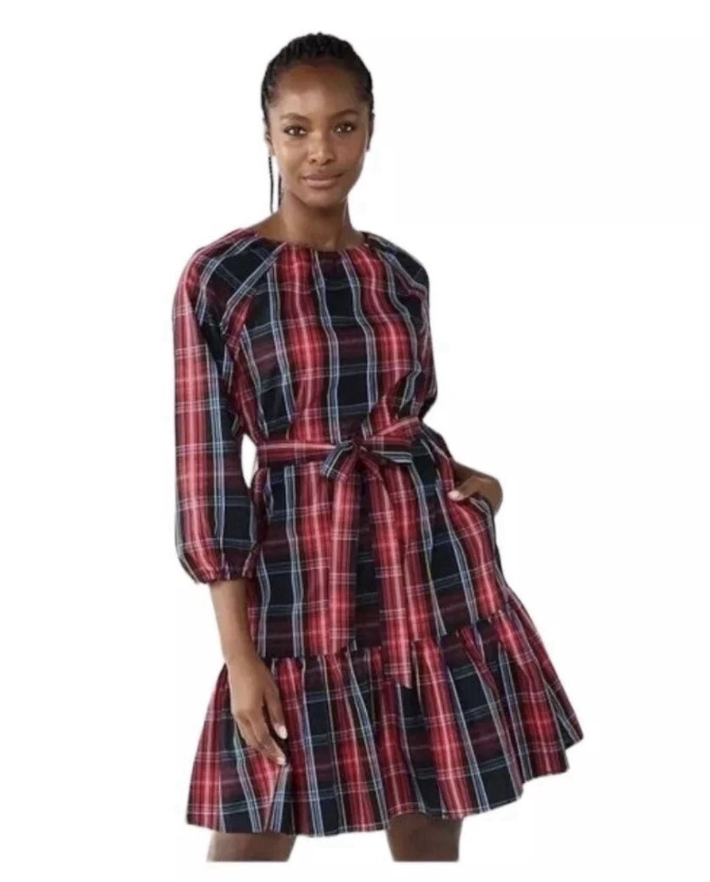 Draper James RSVP Red Plaid Dress 3X Long Sleeve Belted Ruffle Hem Pockets