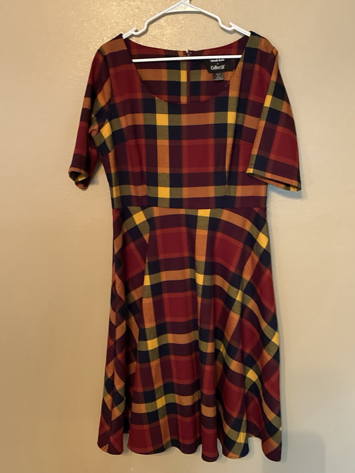 ModCloth X Collectif Plaid Short Sleeve Fit To Flare Retro Swing Dress Size 12