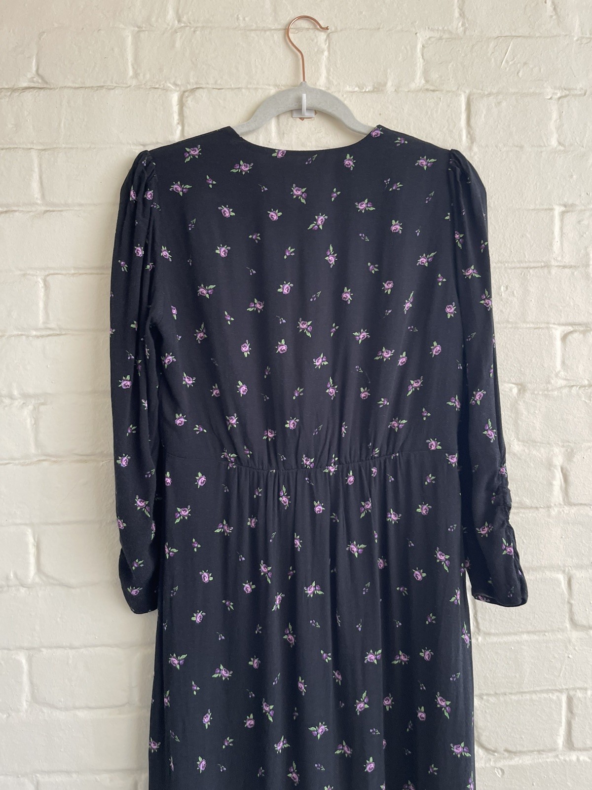 Mango MNG Black & Purple Floral Midi Dress M 3/4 Sleeve Viscose Dress Women’s