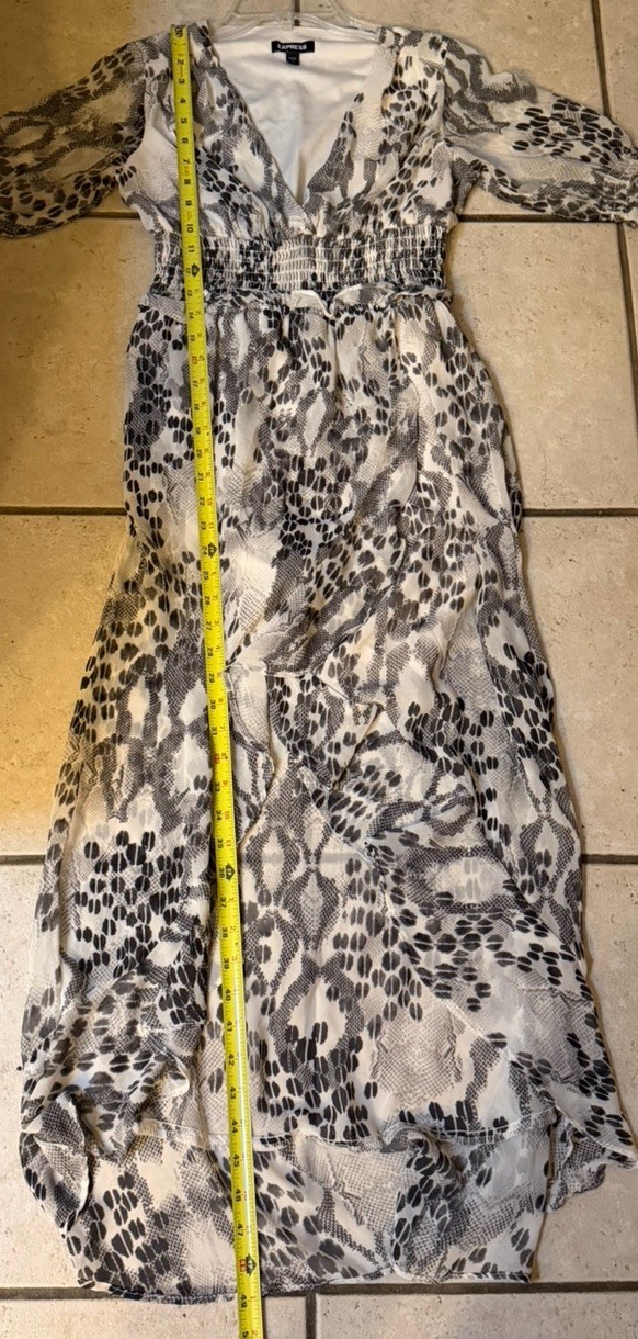 Express Snakeskin High-Low Chiffon Maxi Dress XS Smocked Waist Ruffle Python