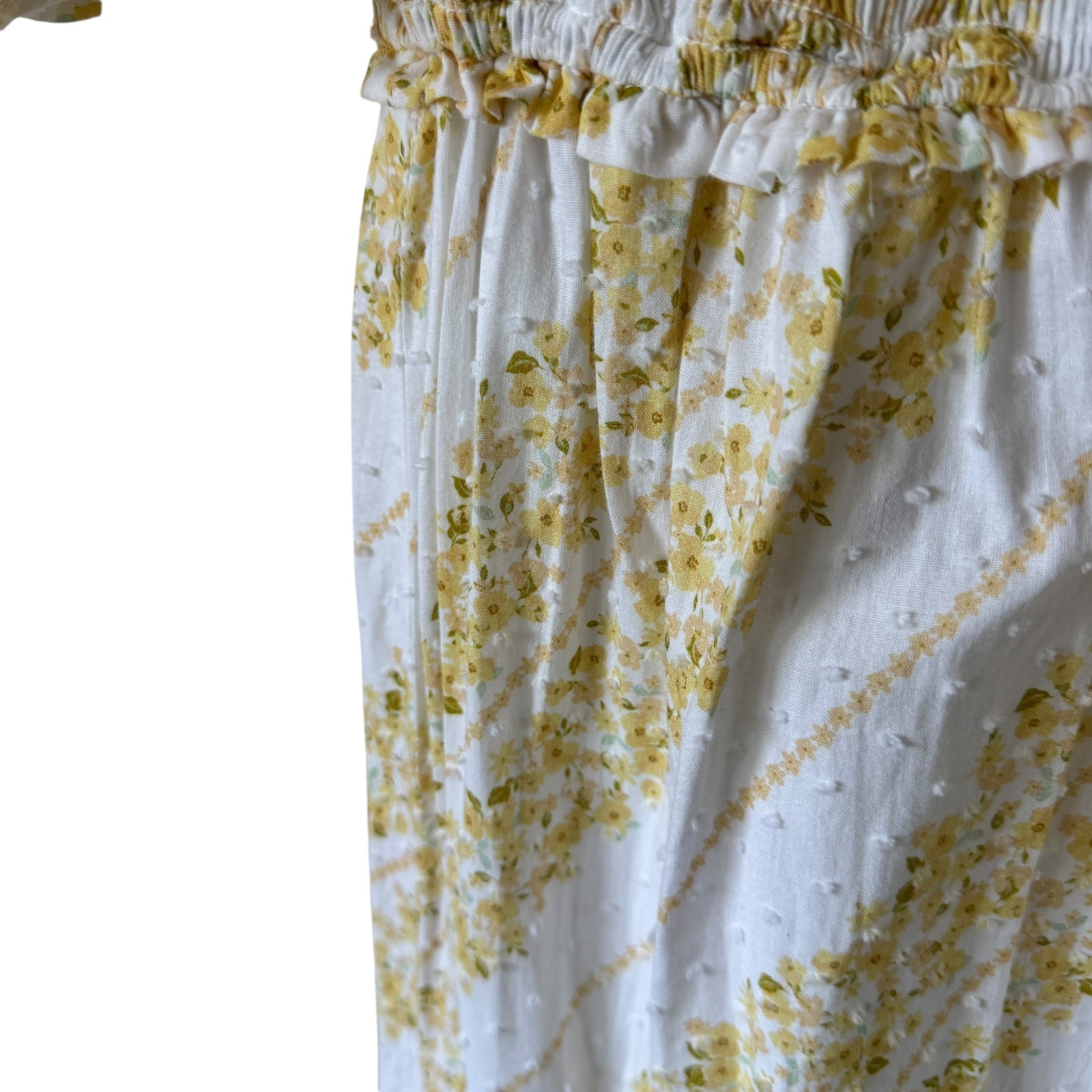 For Love & Lemons Lucie Midi Dress Smocked Bodice Ruffle Puff Sleeves Skirt Slit