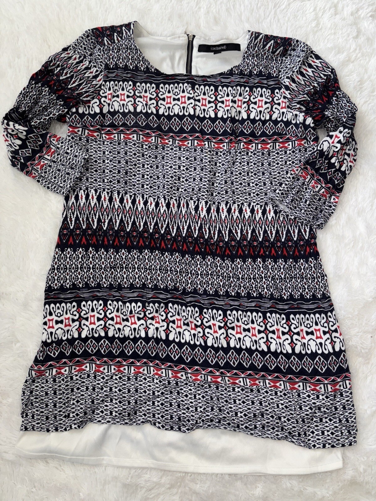 Cacharel women’s sz. L (French M US) red, blue design lined “ Camille” Dress.