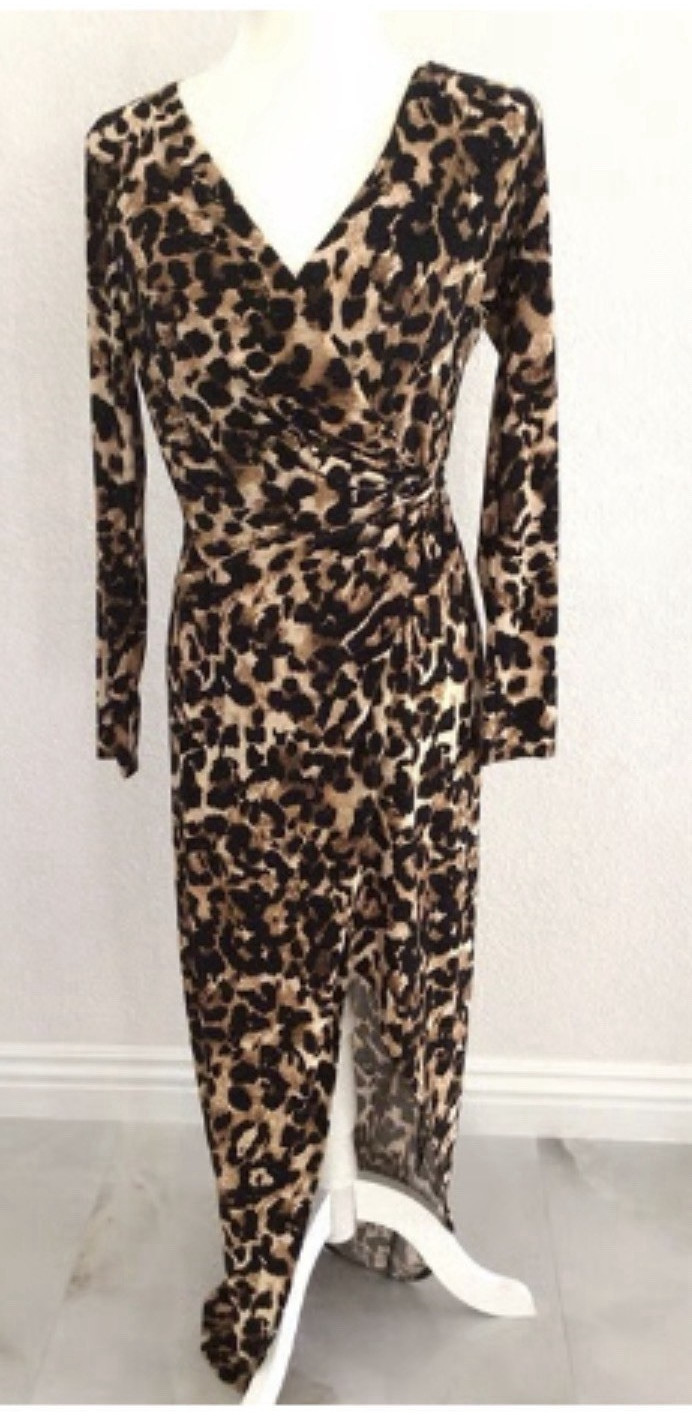 Thalia Sodi Leopard Animal Print Wrap Maxi Dress V-Neck Long Sleeve Ruched M