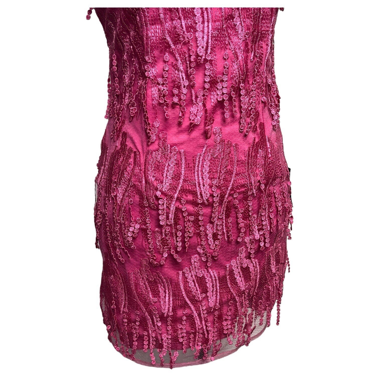 New Lulus Dress Womens M Making Magic Fringe Lace Up Mini Overlay Bright Pink