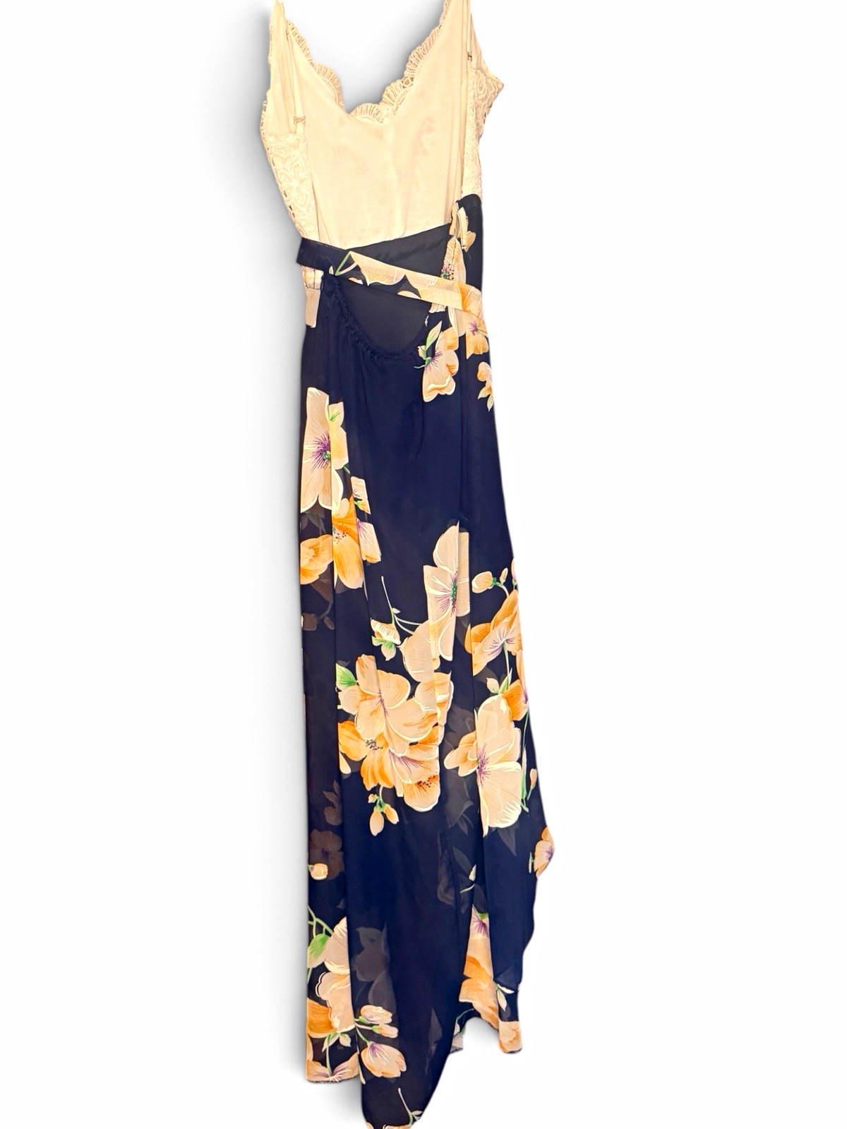 Women’s Navy/Cream Floral Lace Bodice V-Neck Spaghetti Strap Maxi Dress M
