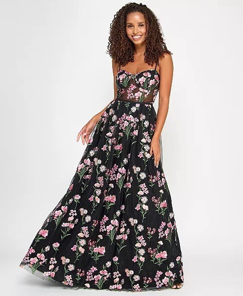 City Studio Juniors 11 Black Floral Tulle A-Line Long Gown Sweetheart Strappy