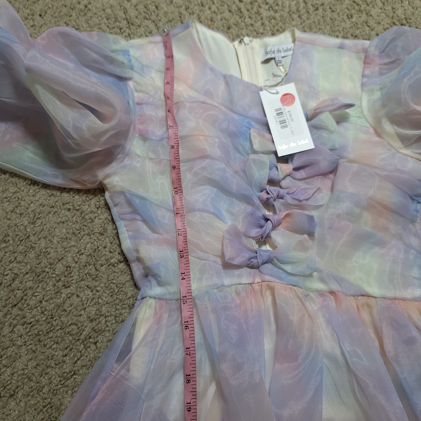 NWT Sofie the Label Pastel Rainbow Organza Mini Dress Puff Sleeve Ruffle Size S