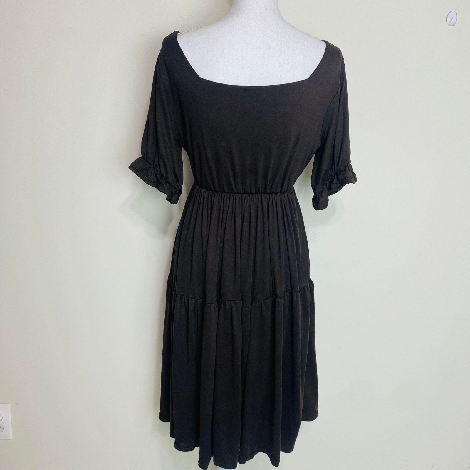 Puff Sleeve Square Neck Long Dress for Women, Fits Small to Medium,Brown