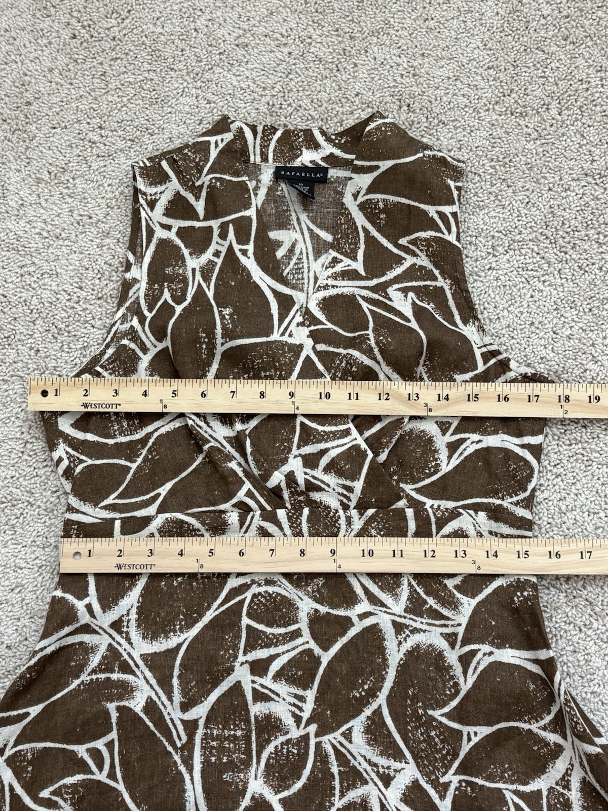 Rafaela 100% Linen Crossover V-neck Sleeveless Midi Brown Leaf Print Boho Chic