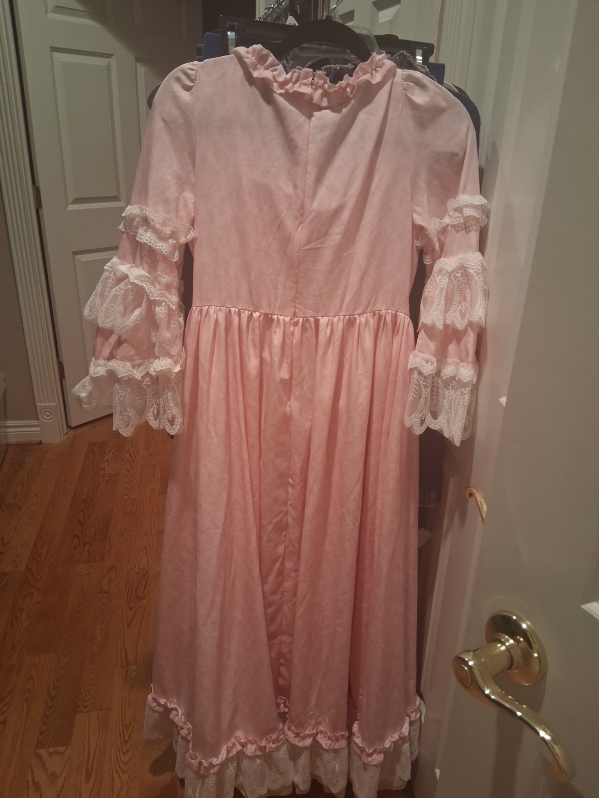Women’s Pink/White Solid Lace Ruffle Bow High Neck Maxi Dress Button Size S