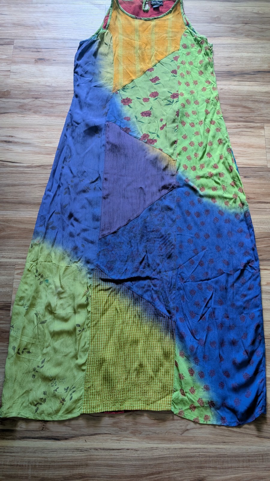 Sacred Threads Patchwork Maxi Dress SM Rayon Boho Whimsigoth Tie Dye Floral Indi