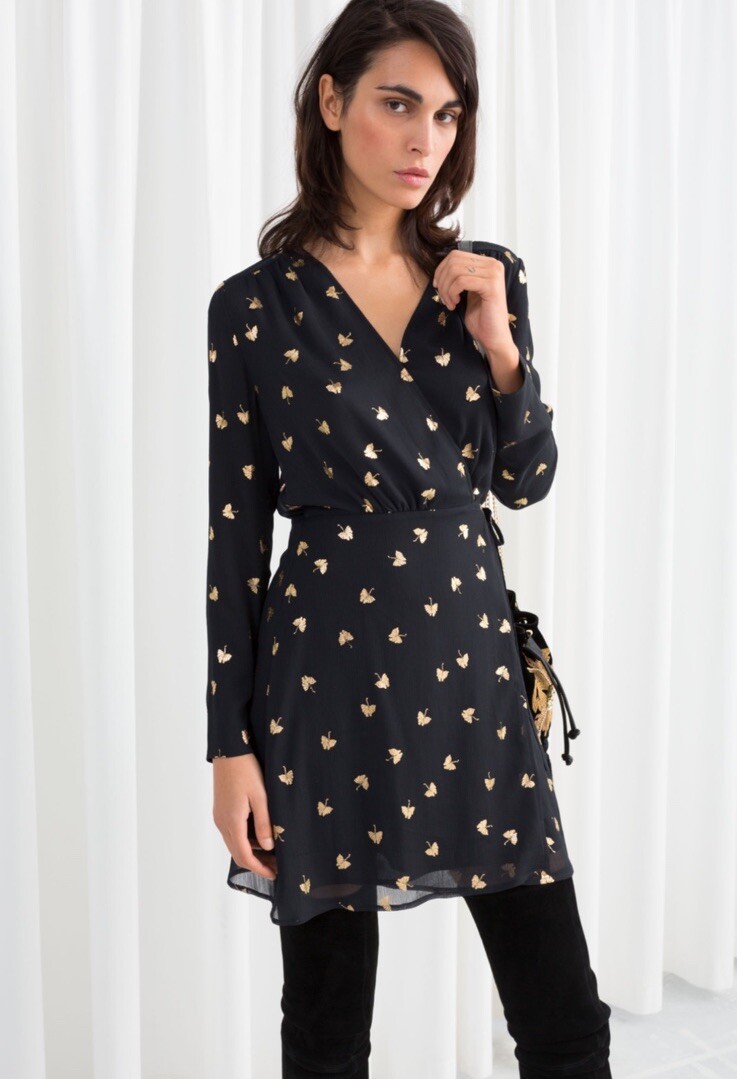 & Other Stories Mini Wrap Dress Size 0 Black Gold Leaves Long Sleeve Twee