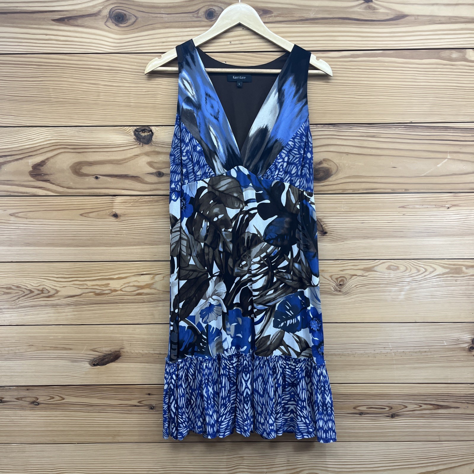 Karen Kane Dress Large Brown Blue Floral Deep V-Neck Nylon Stretchy Ruffles B173