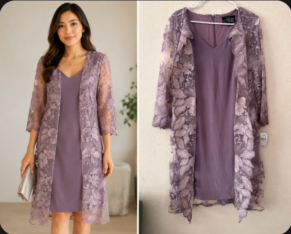 $219 Alex Evenings Women’s Embroidered Jacket Dress, Smokey Orchid Size 10 NWT