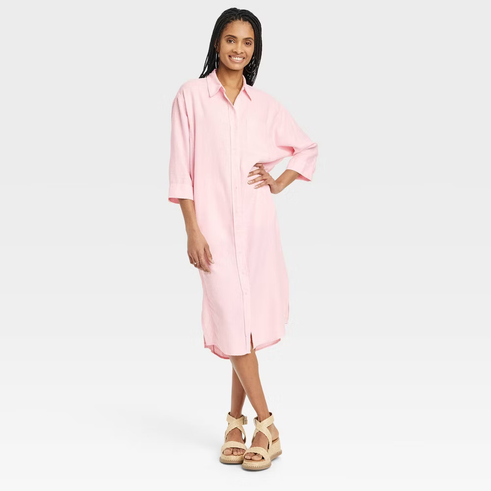 Universal Thread Women 3/4 Sleeve Midi Button Down Shirt Dress