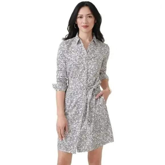 UNTUCKit Womens 12 Pheobe Shirt Dress White Floral Print Pockets Belted Cotton