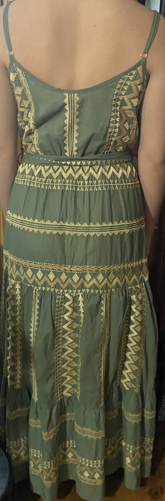 Aether Concept Nerina Greek Designer Long Dress NWT $185 Green/khaki Gold