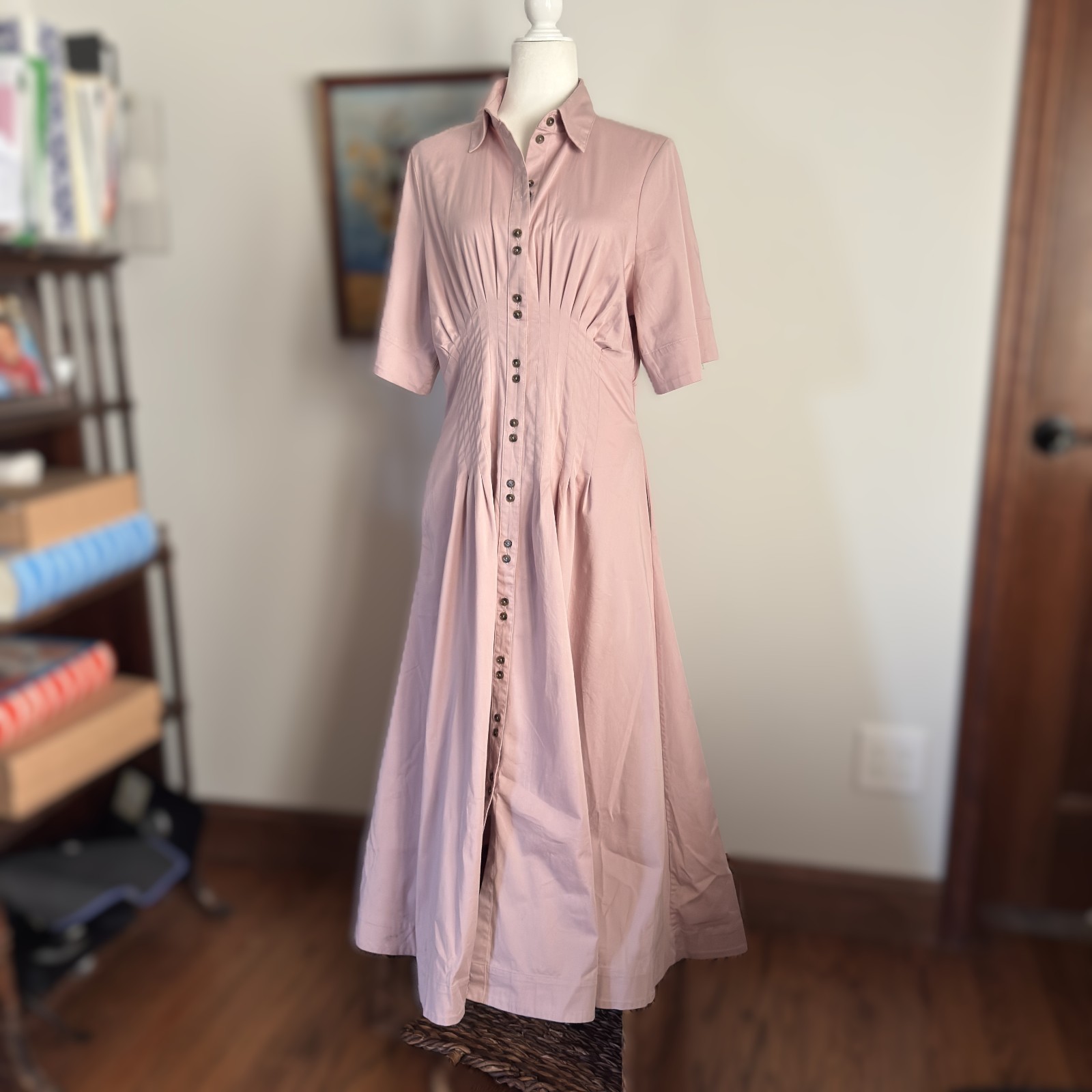 Banana Republic Pink Pintuck Maxi Shirt Dress Fit Flare Cotton Small Minimalist