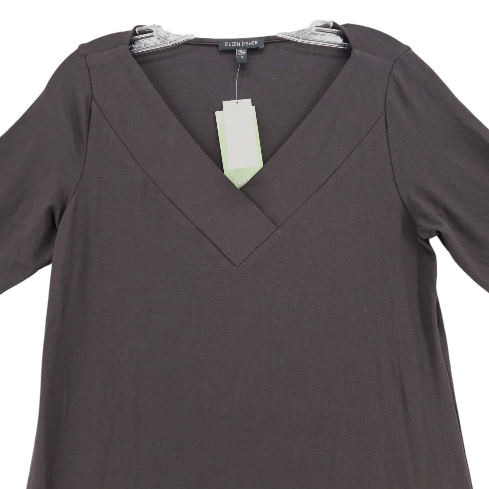 NWT EILEEN FISHER Viscose Jersey Musel Brown V-Neck Shirred Dress Size SMALL