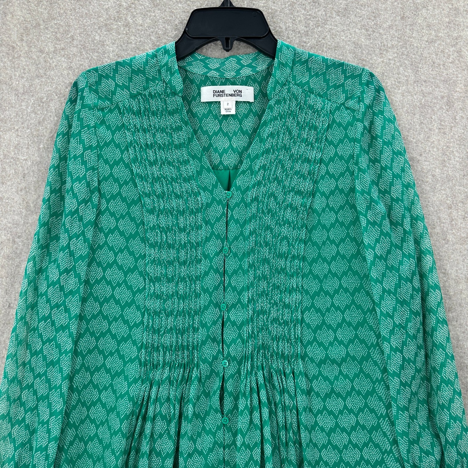 DIANE VON FURSTENBERG Green SILK Button Front Shirt Babydoll Dress SZ 2