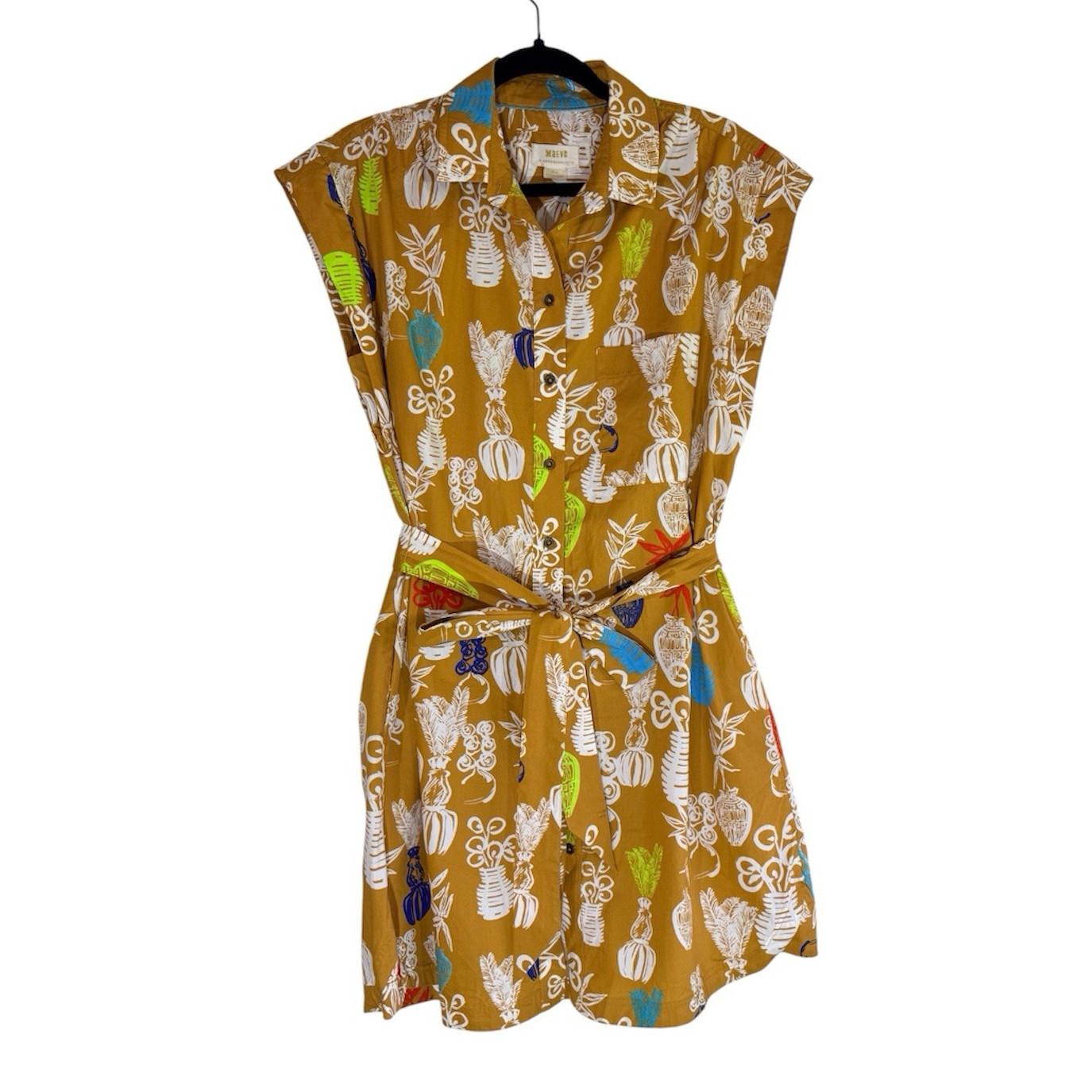 Maeve by Anthropologie S Brown Floral Sleeveless Shirt Dress Belted Collared