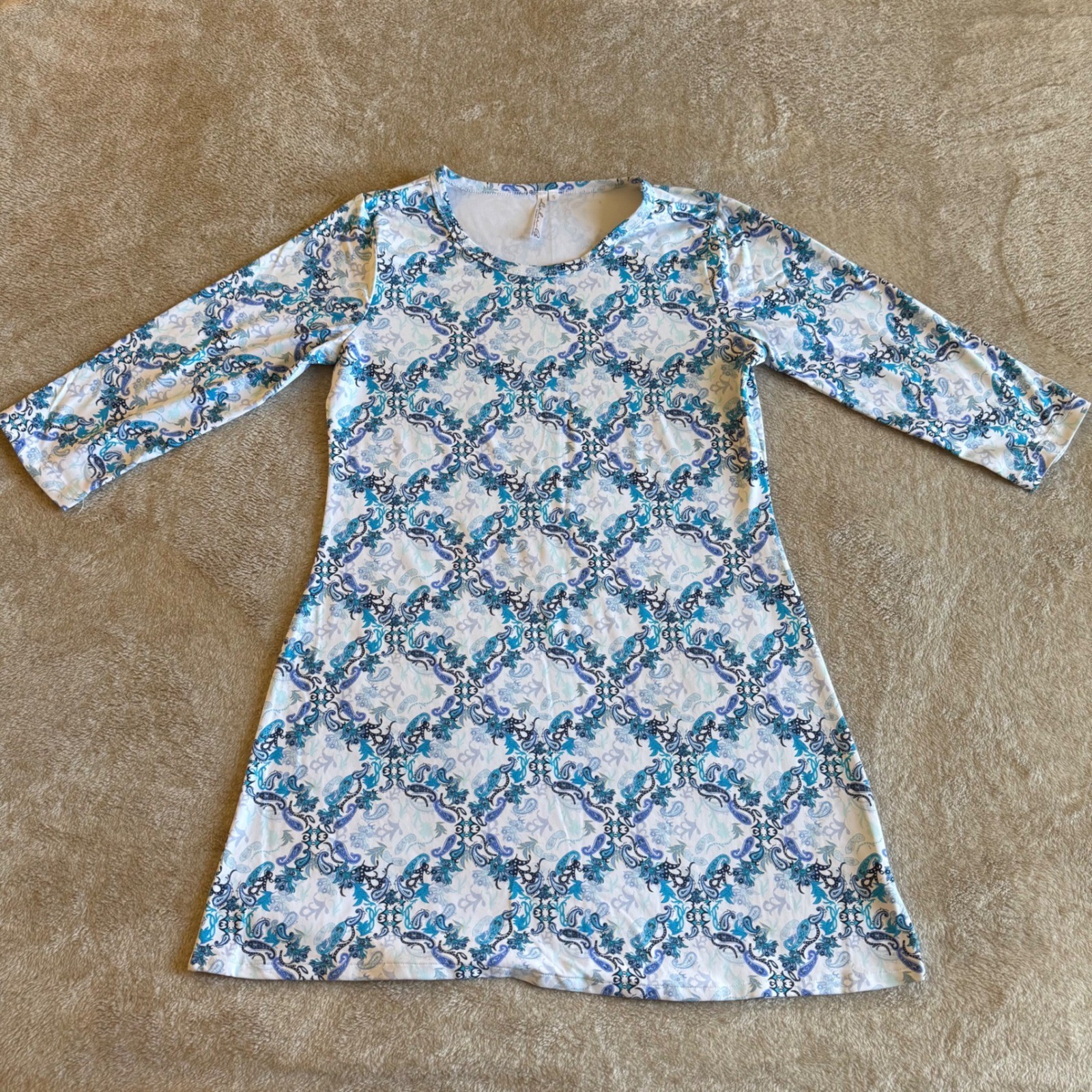 Lulu-B Blue Paisley Trellis Tunic Dress 3/4 Sleeve Nylon Stretch Small